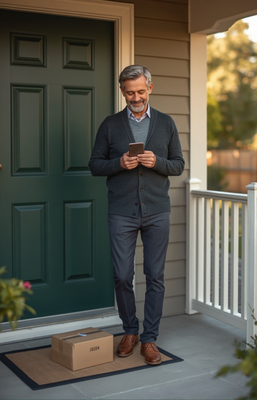 A warm, capable adult in their early 60s stands on a front porch by a deep green door, smiling while checking a delivery notification on a smartphone, with a plain cardboard package on the welcome mat beside them.