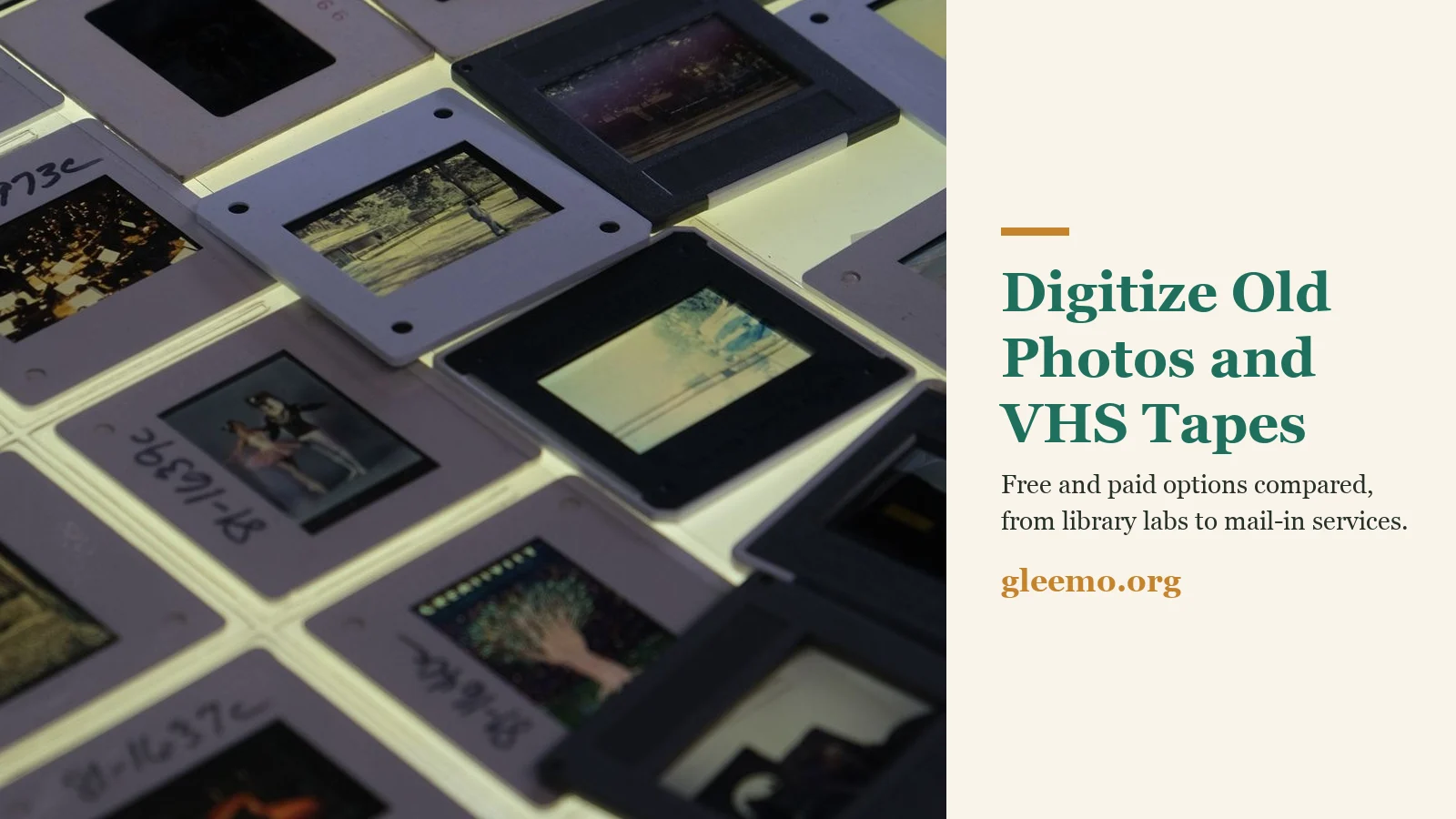 Vintage family photo slides laid out on a lit light table, ready to be digitized